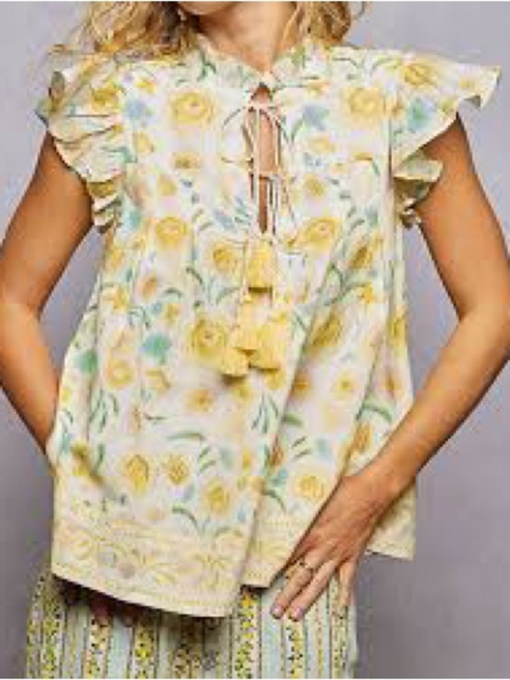 POL Yellow Floral Ruffle-Sleeve Tie-Front Top